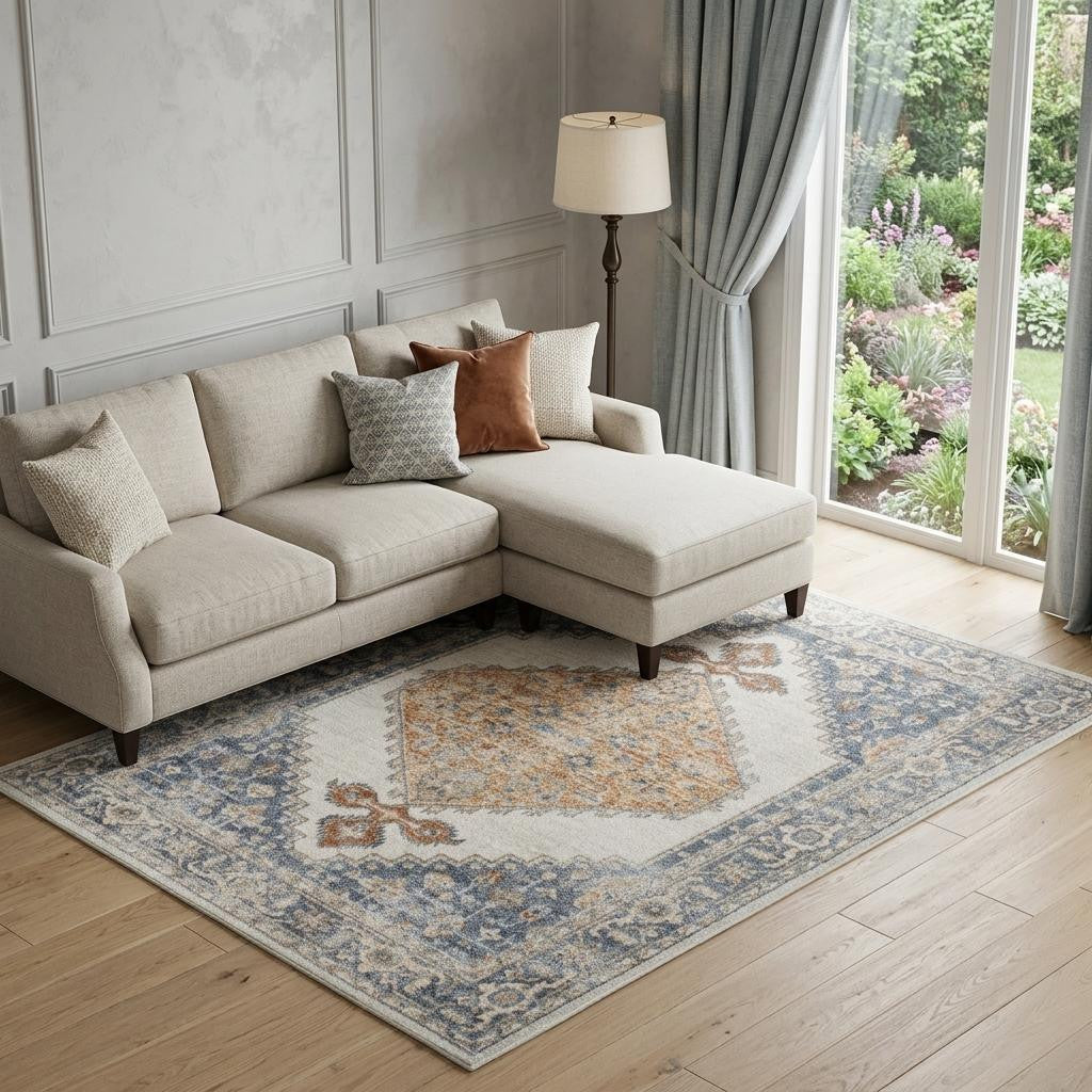 9 X 12 Gray And Gold Floral Medallion Distressed Washable Area Rug