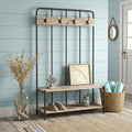 71 Black And Brown Metal And Solid Wood Four Hooks Freestanding Coat Rack