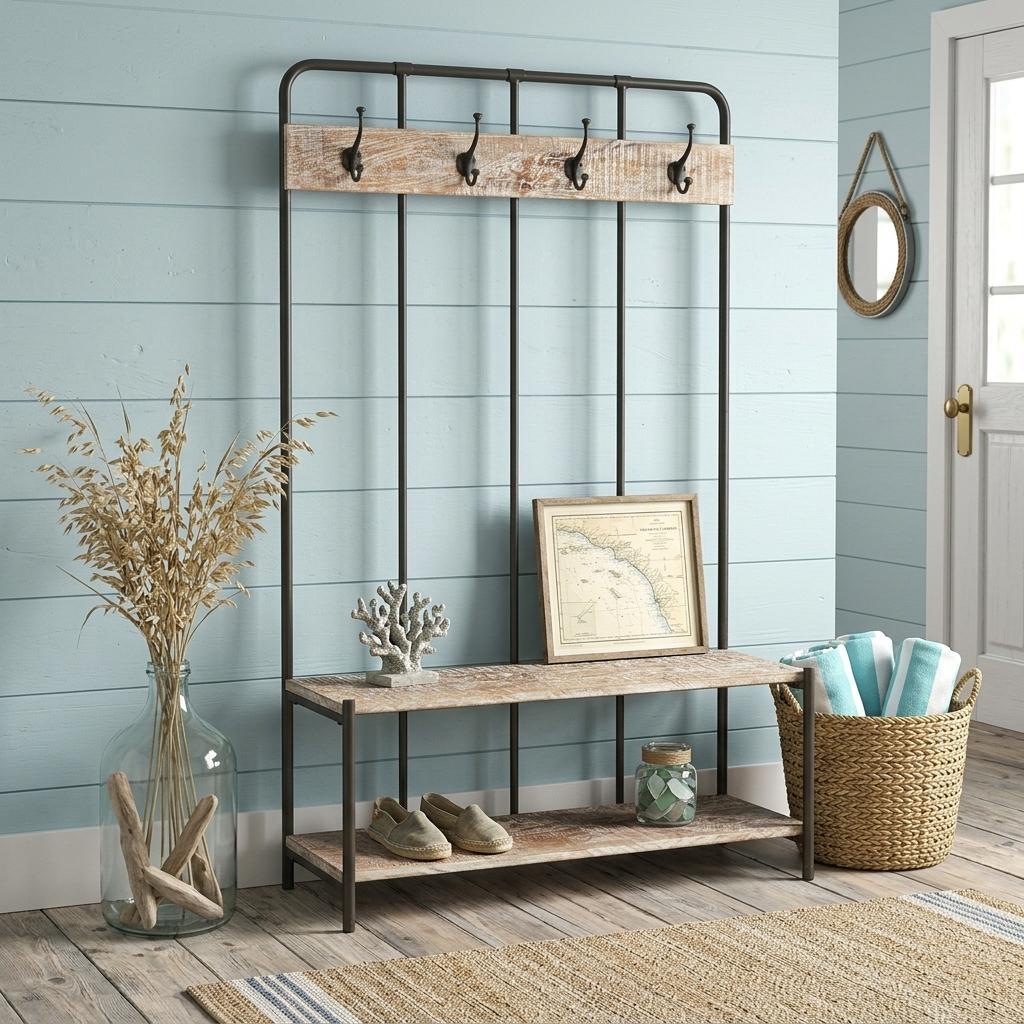 71 Black And Brown Metal And Solid Wood Four Hooks Freestanding Coat Rack