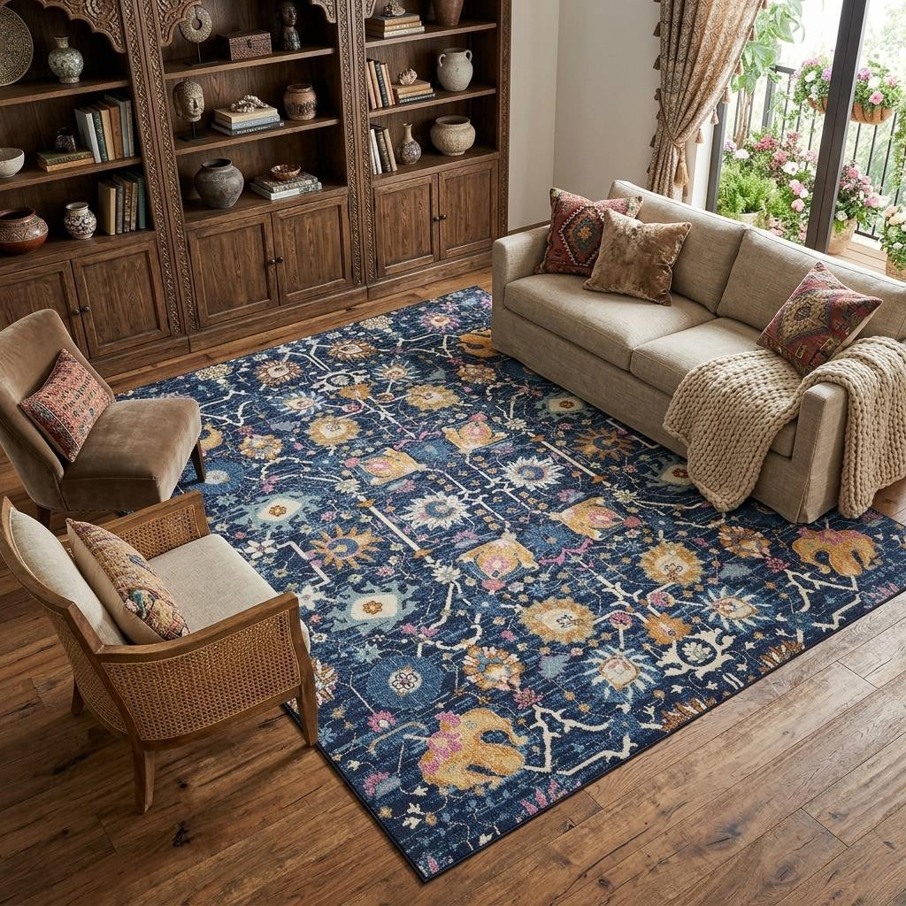 9 X 12 Blue And Gold Floral Area Rug