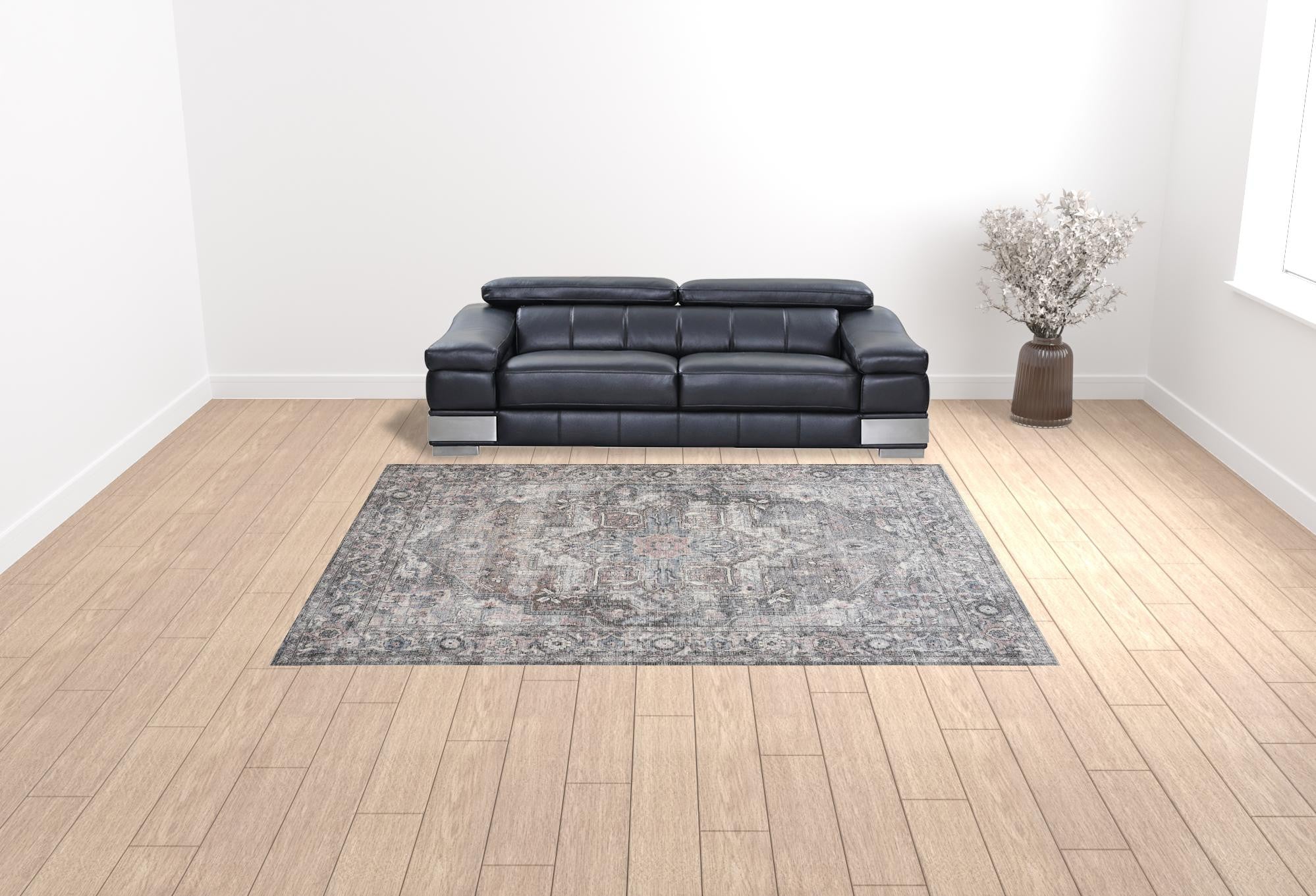 HomeRoots 522429 9 x 12 ft. Gray Floral Power Loom Distressed Washable Rectangle Traditional Area Rug