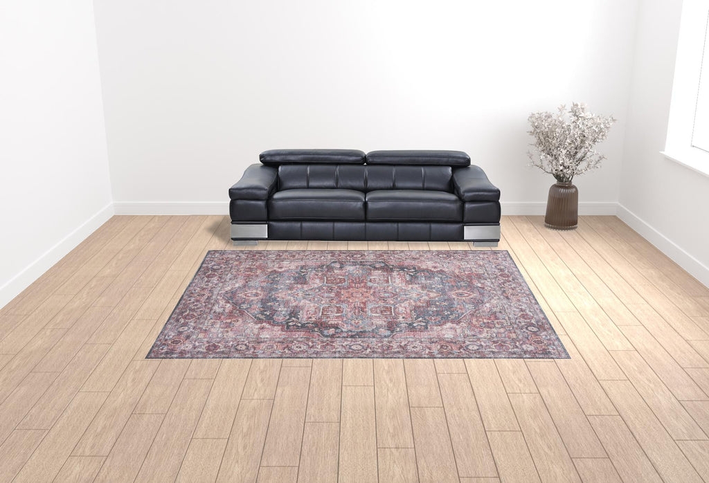 HomeRoots 522430 9 x 12 ft. Red Floral Power Loom Distressed Washable Rectangle Traditional Area Rug
