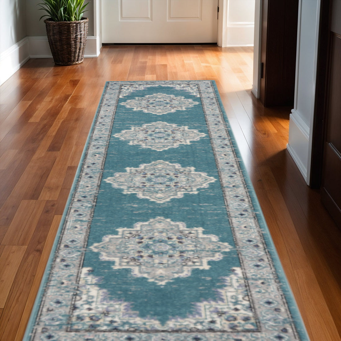 10 Gray And Aqua Oriental Distressed Runner Rug