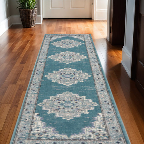 10 Gray And Aqua Oriental Distressed Runner Rug