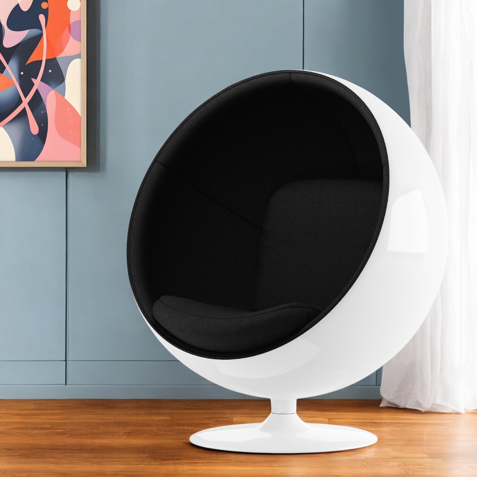 42 White And Black Fiberglass And Cotton Swivel Egg Chair