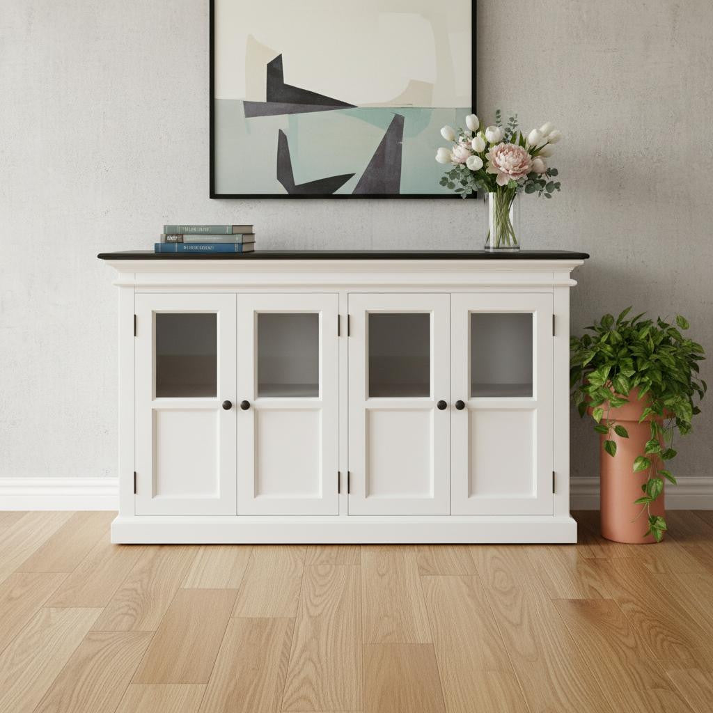 60 White And Black Solid Wood Paneled Buffet Table with Four Glass Doors