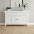 59 White Solid Wood Paneled Three Drawer Buffet Table with Four Doors