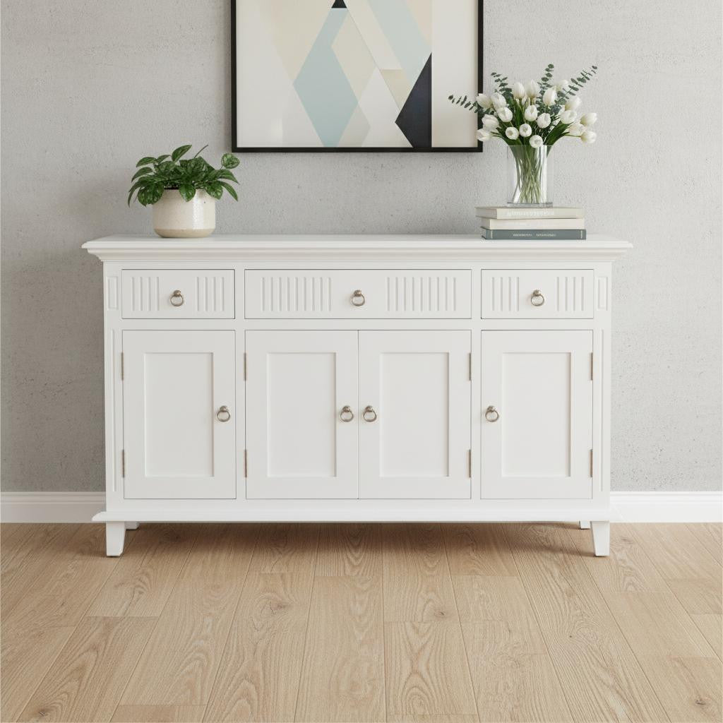59 White Solid Wood Paneled Three Drawer Buffet Table with Four Doors