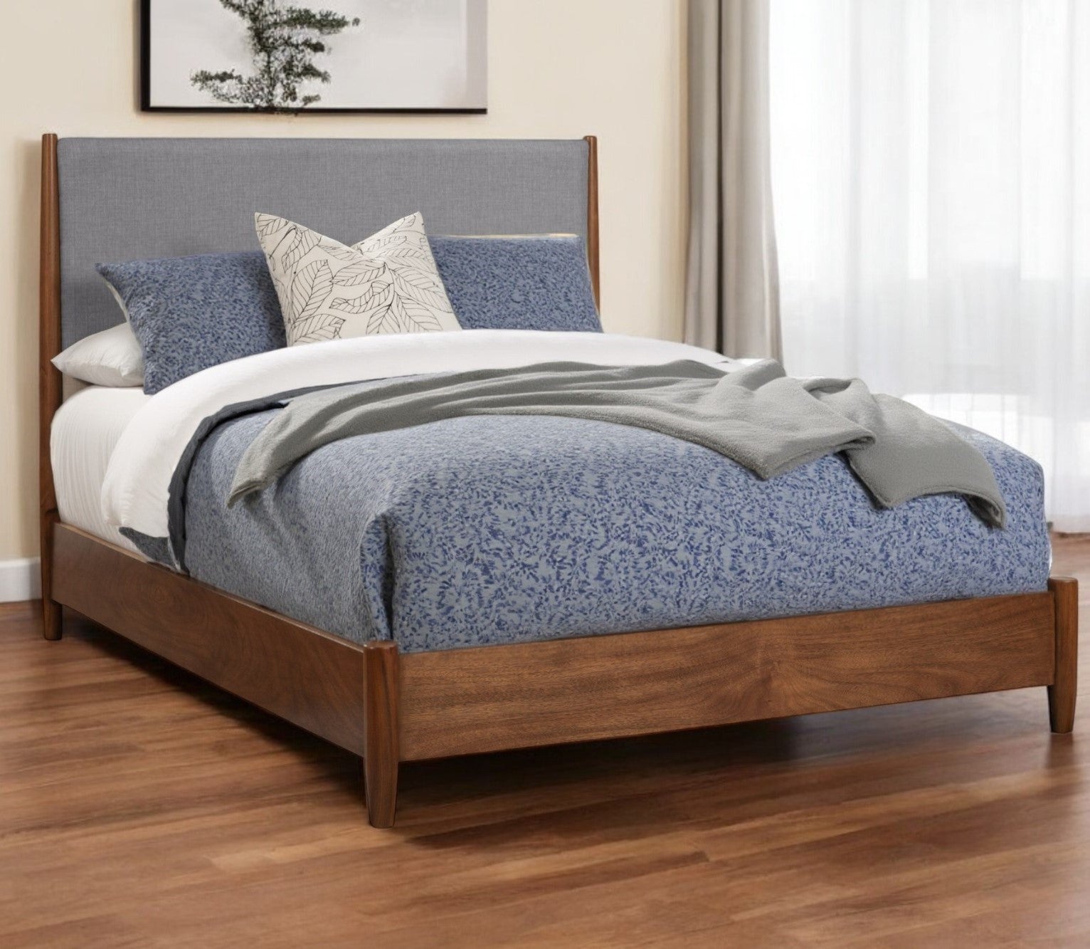 Brown and Gray Solid Wood And Linen King Bed Frame