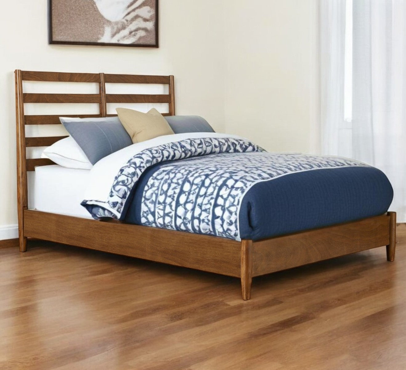 Brown Slat Back Solid Wood Queen Bed Frame