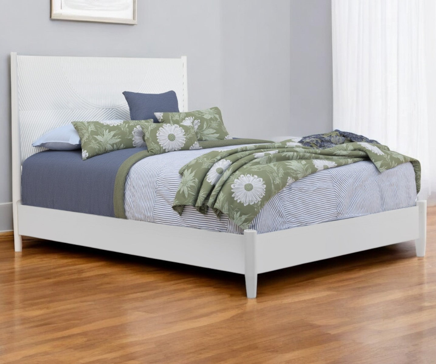 White Carved Geometric Solid Wood Full Bed Frame