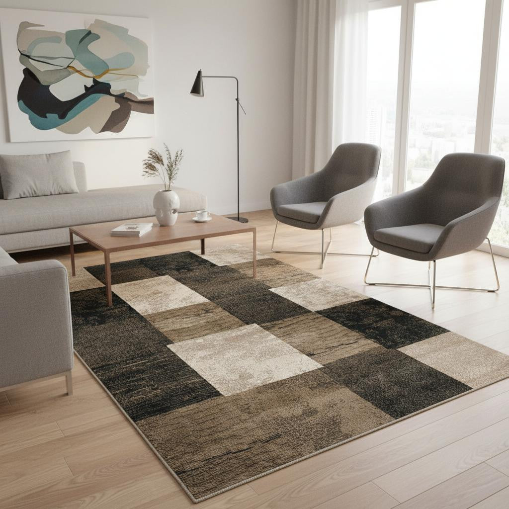 7 Brown Black And Tan Geometric Washable Area Rug