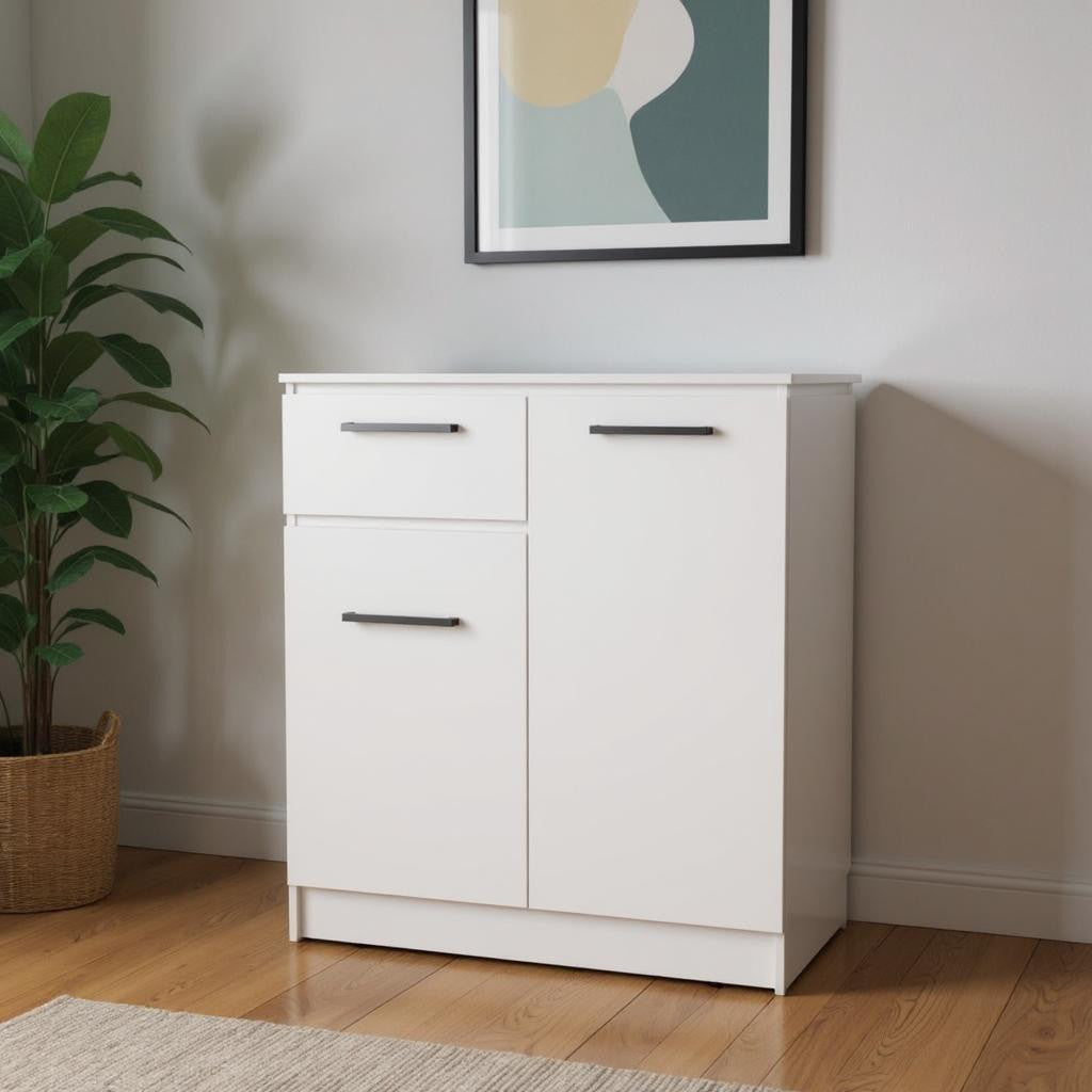 37 White Wood Accent Cabinet With Two Doors And One Drawer