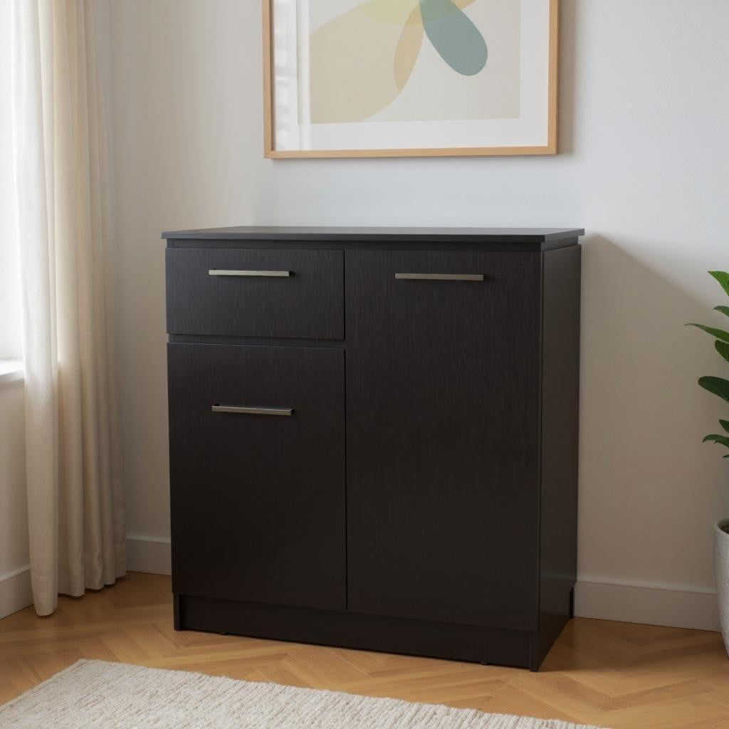 37 Black Wood Accent Cabinet With Two Doors And One Drawer