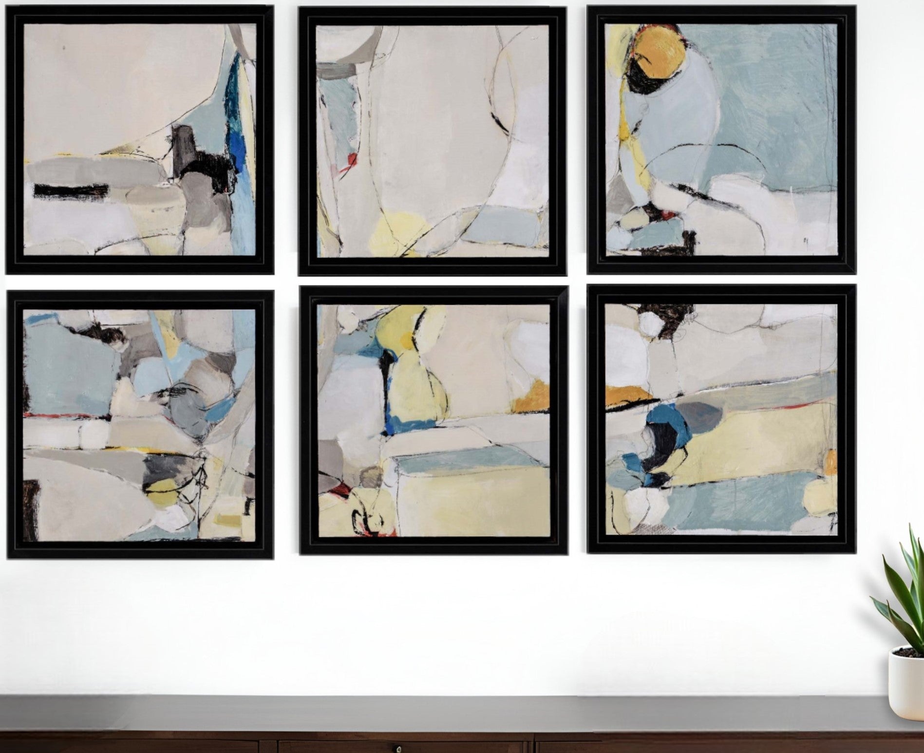 Set of Six Modern Abstract Black Floater Frame Print Wall Art