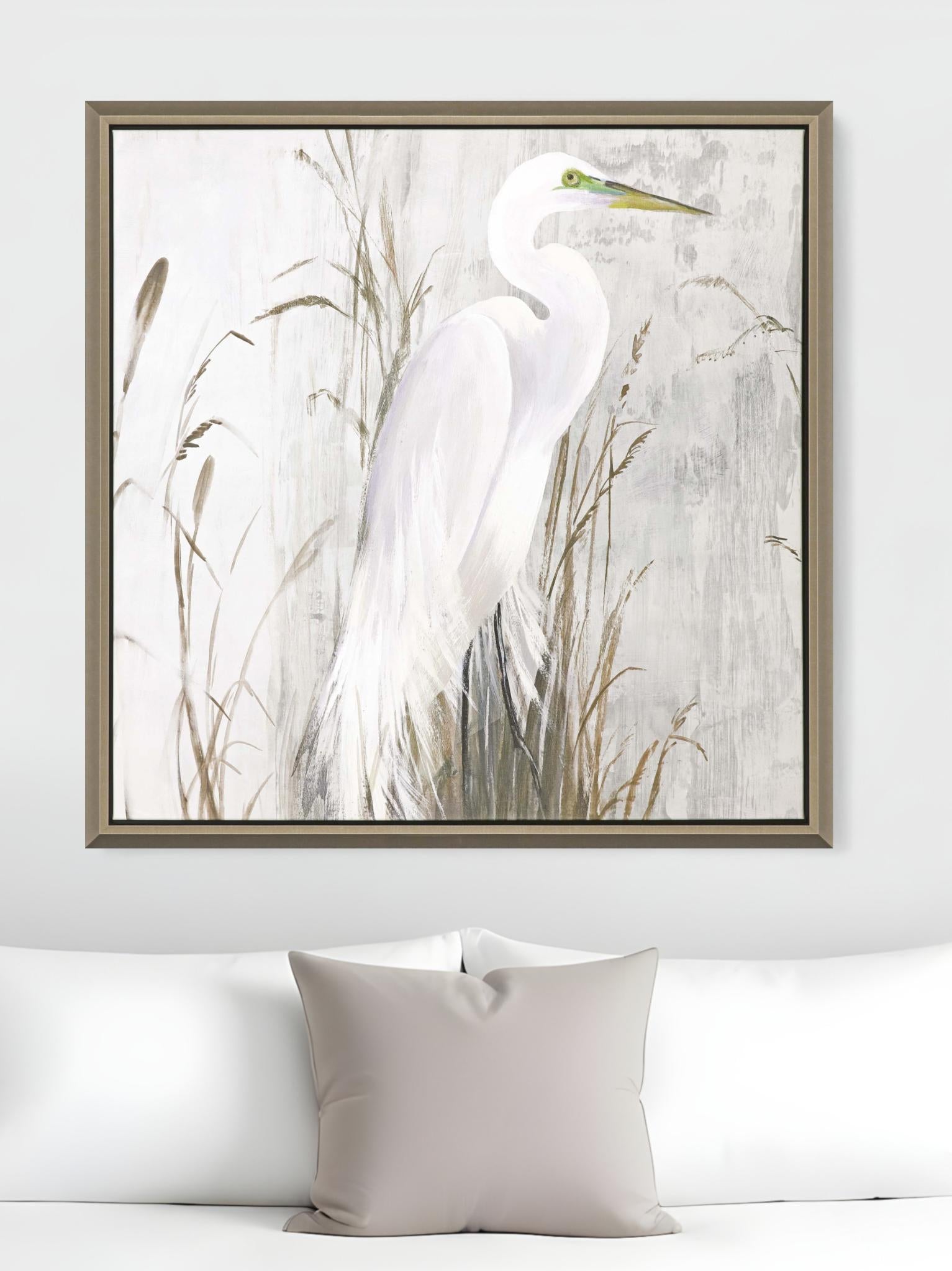Heron in the Reeds Silver Floater Frame Print Wall Art