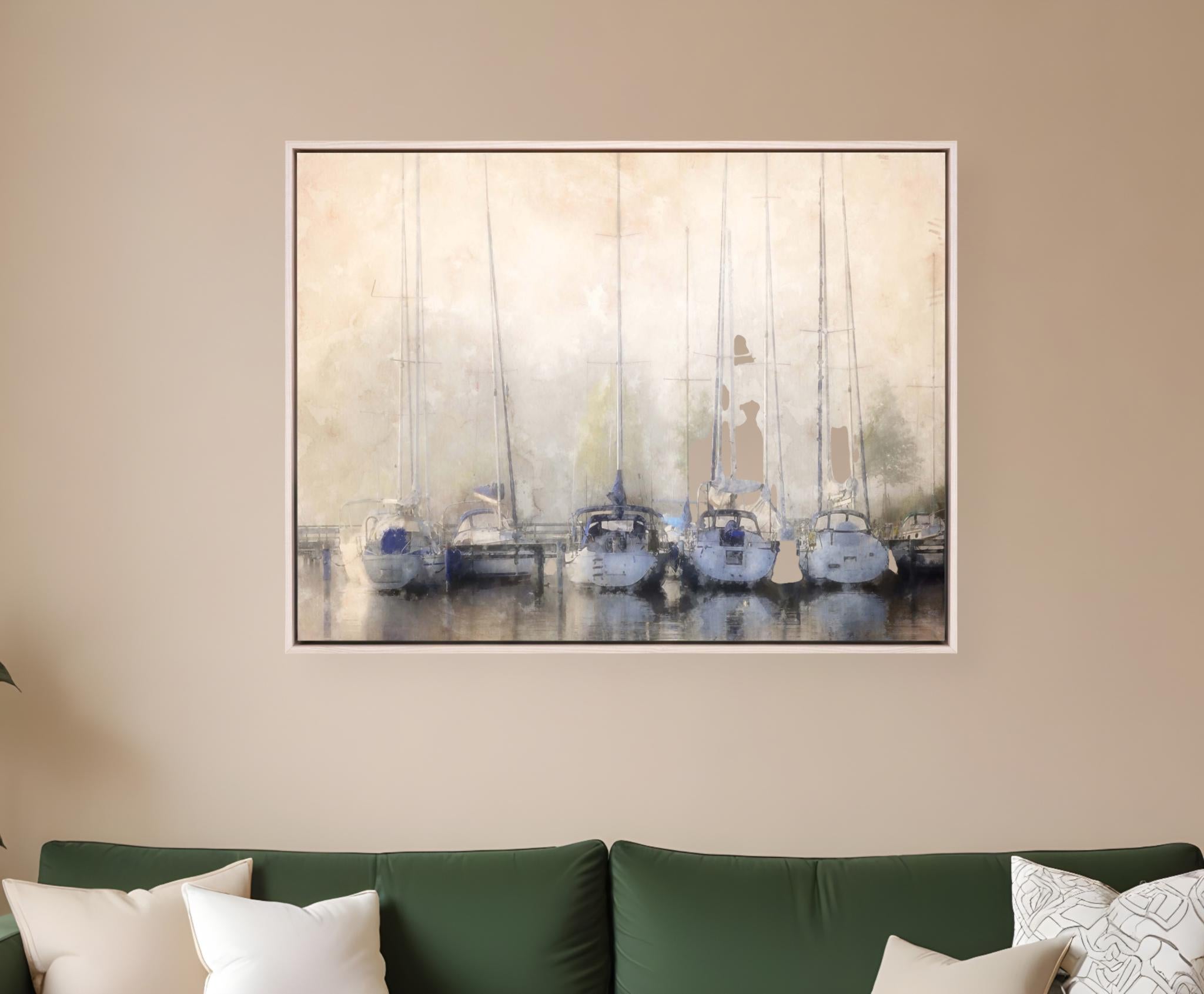 Sailboats in Fog White Floater Frame Print Wall Art