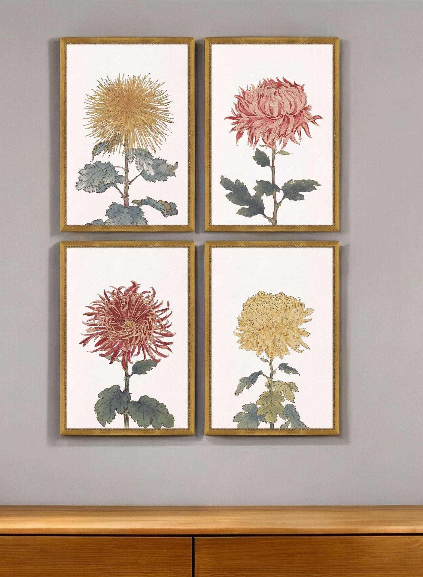 Set Of Four Chrysanthemum Gold Framed Print Wall Art