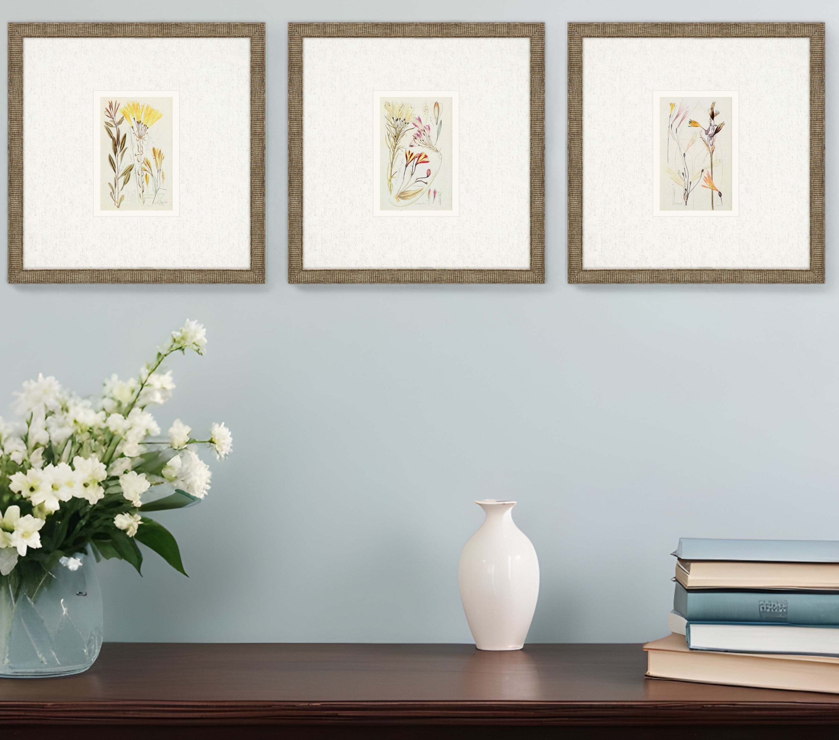 Set Of Three Antique Botanical II Gold Framed Print Wall Art