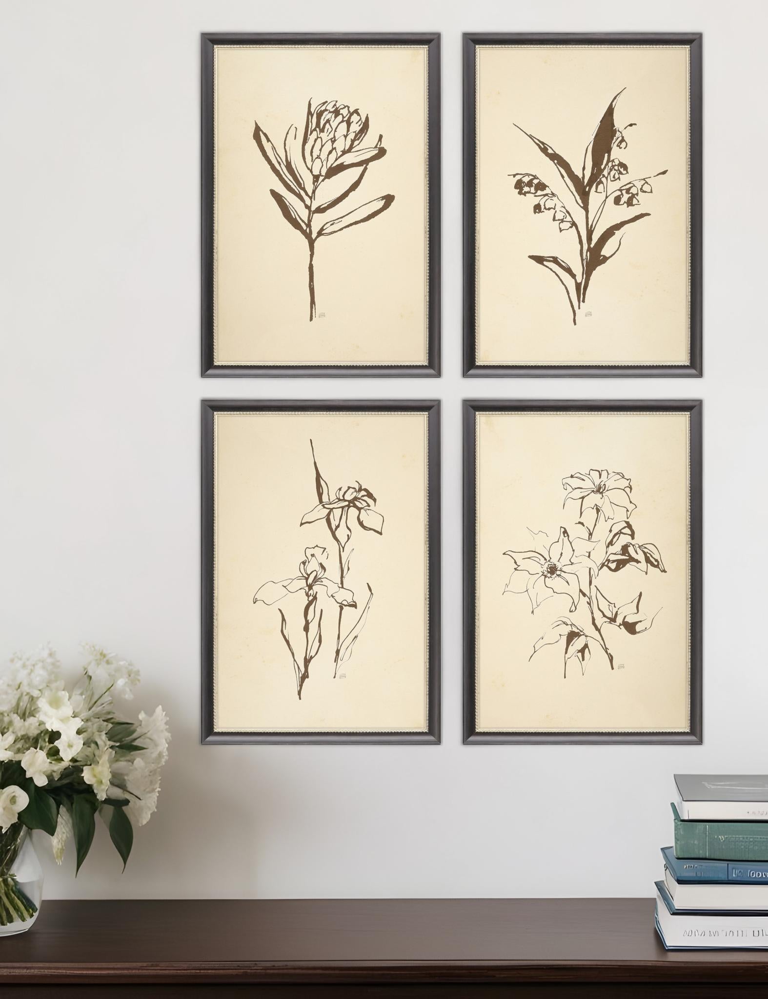 Set Of Four Vintage Line Black Framed Print Wall Art