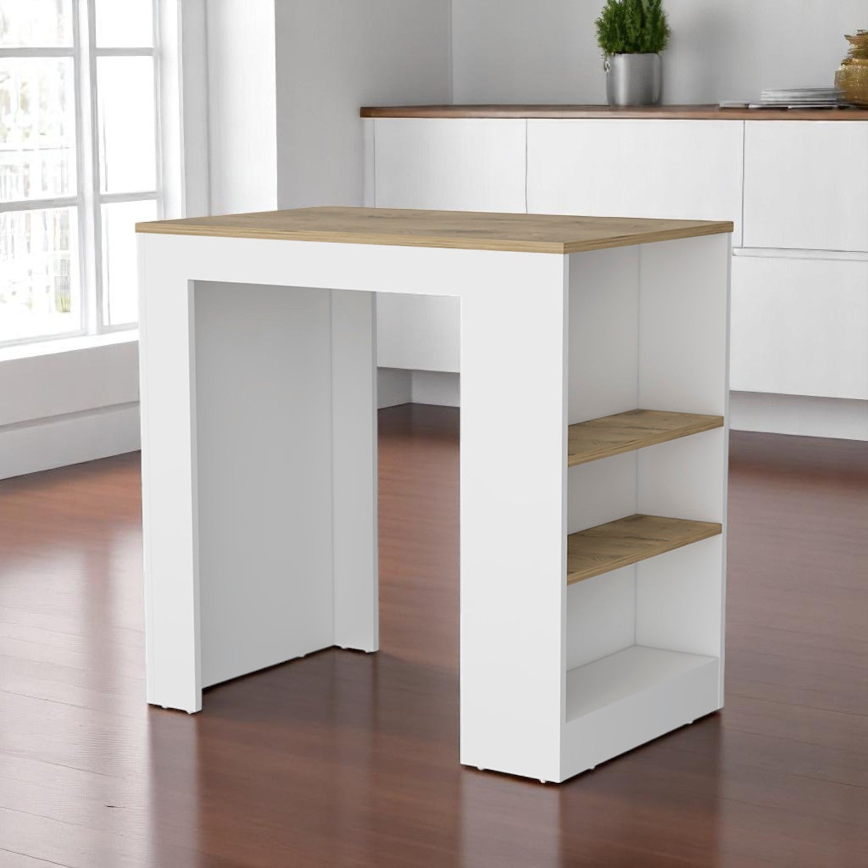 36 Oak and White Wood Kitchen Island With Storage