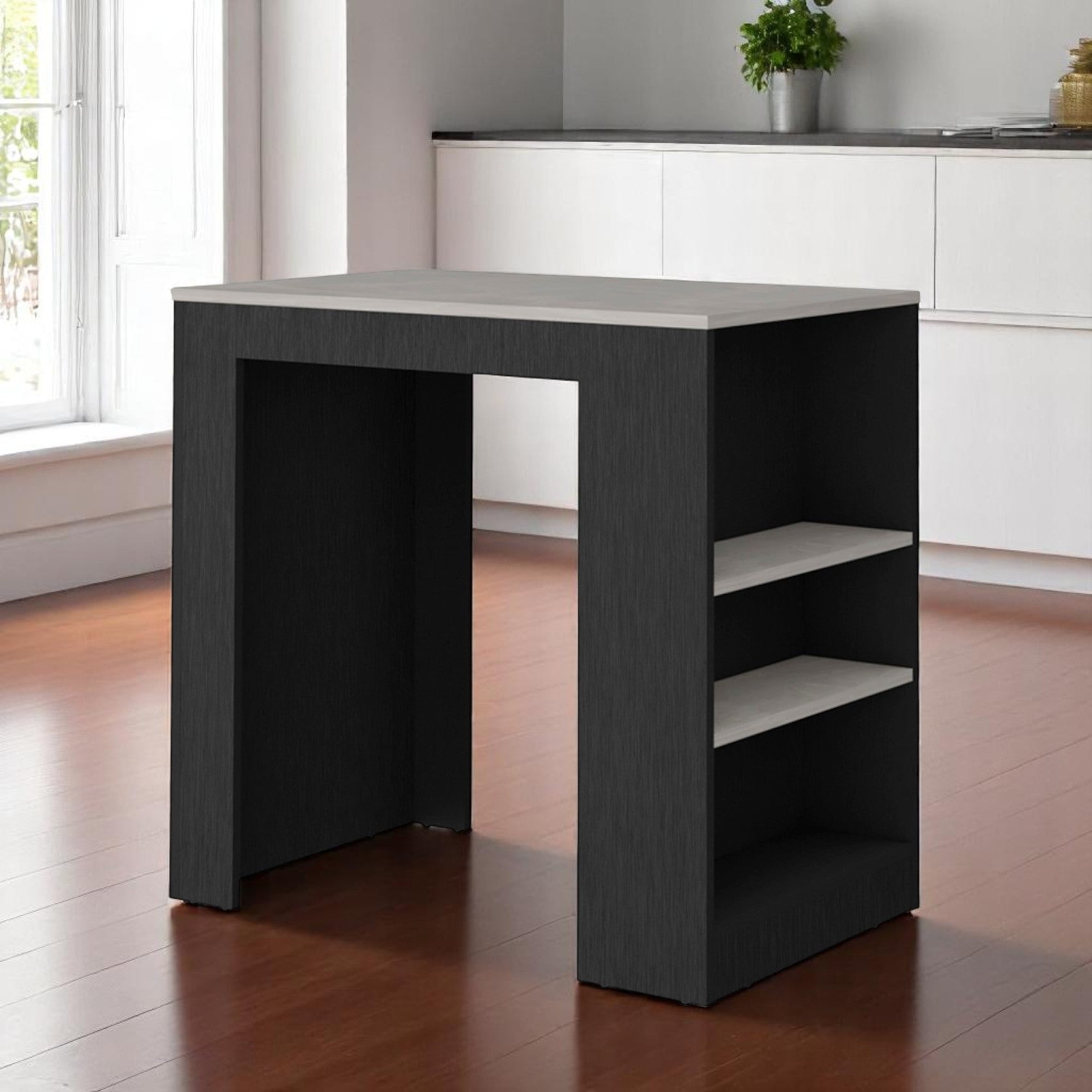 36 Gray and Black Faux Marble and Wood Kitchen Island With Storage