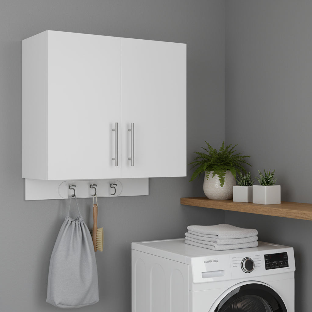 26 White Wood Wall Mounted Utlity Cabinet With Two Doors