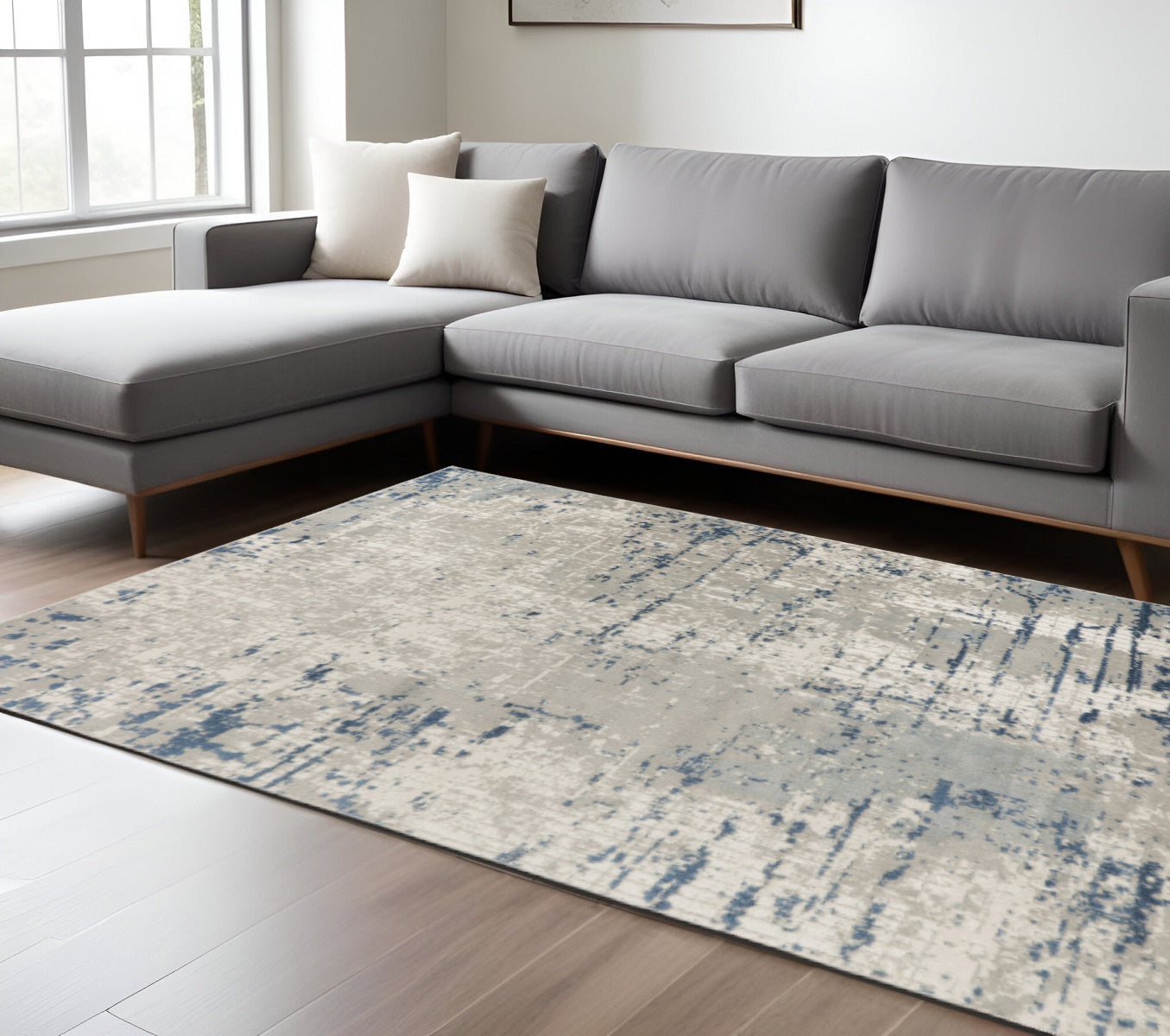 10 X 14 Ivory Gray And Blue Abstract Distressed Area Rug