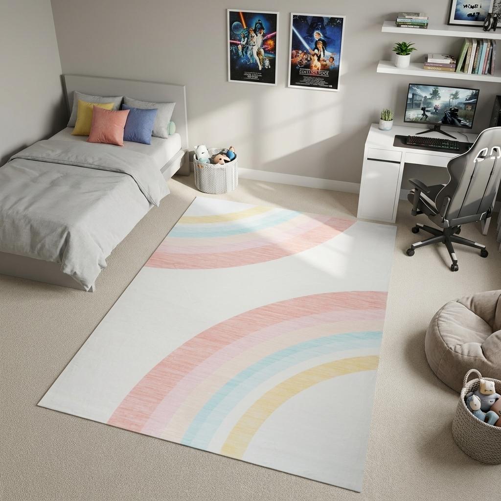 7 X 10 Cream And Pink Rainbows Youthful Area Rug