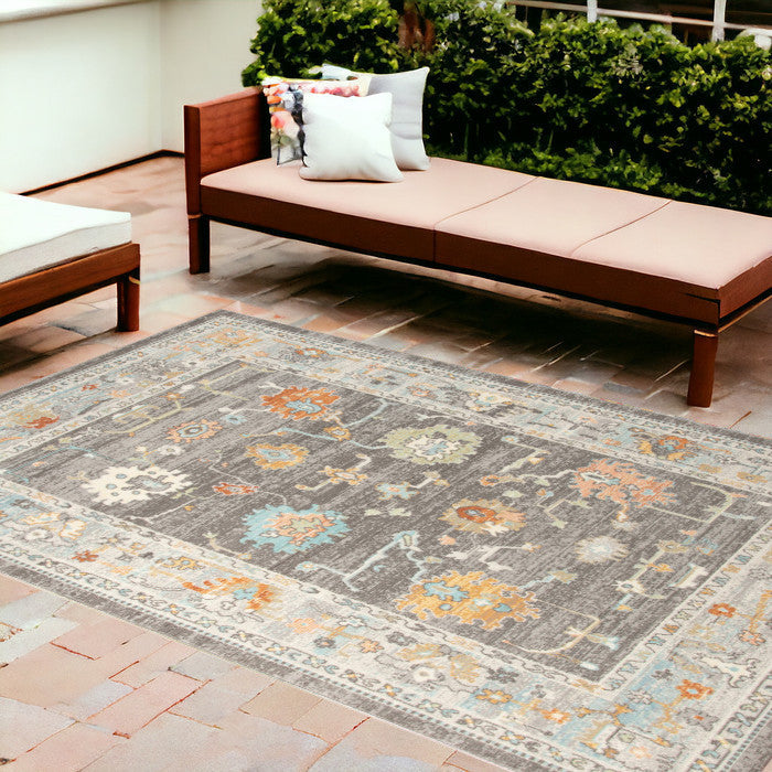 9' X 12' Gray And Orange Floral Stain Resistant Indoor Outdoor Area Rug