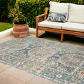 9' X 12' Blue And Orange Floral Medallion Stain Resistant Indoor Outdoor Area Rug