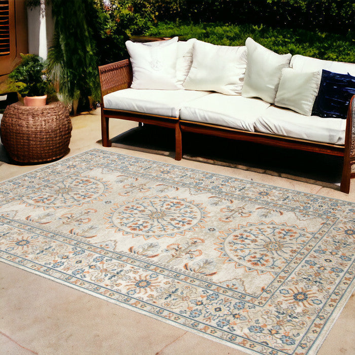 9' X 12' Blue And Orange Medallion Stain Resistant Indoor Outdoor Area Rug
