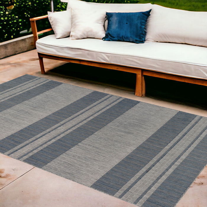 9' X 12' Blue And Gray Striped Stain Resistant Indoor Outdoor Area Rug