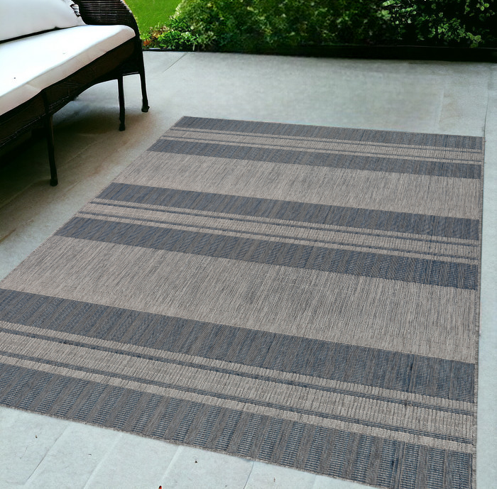 5' X 8' Blue And Gray Striped Stain Resistant Indoor Outdoor Area Rug