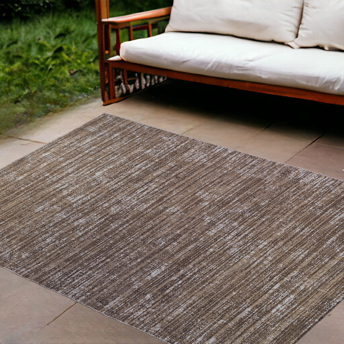 9' X 12' Brown And Ivory Striped Stain Resistant Indoor Outdoor Area Rug