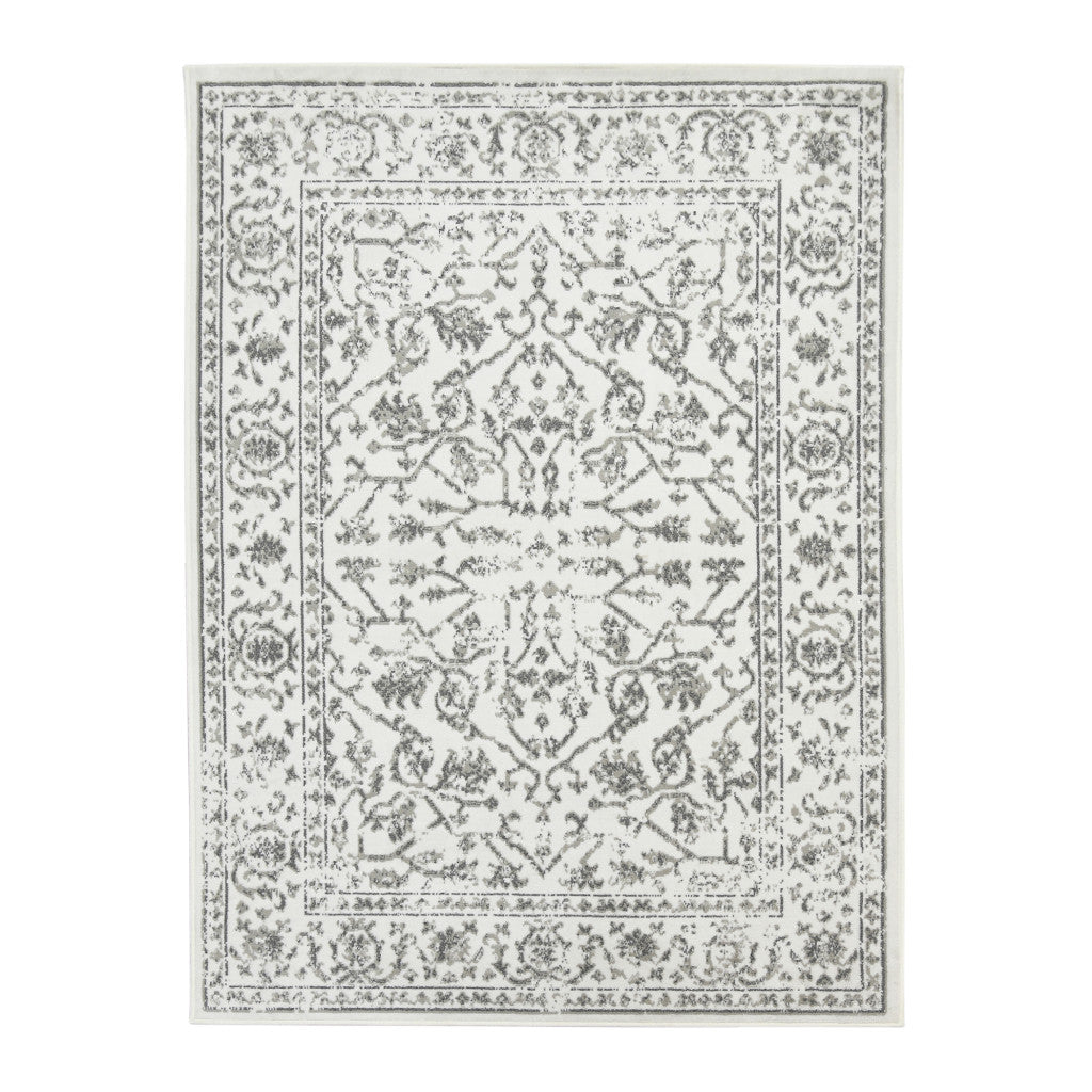 HomeRoots 531761 9 x 12 ft. Light Gray Floral Power Loom Rectangle Area Rug with Fringe