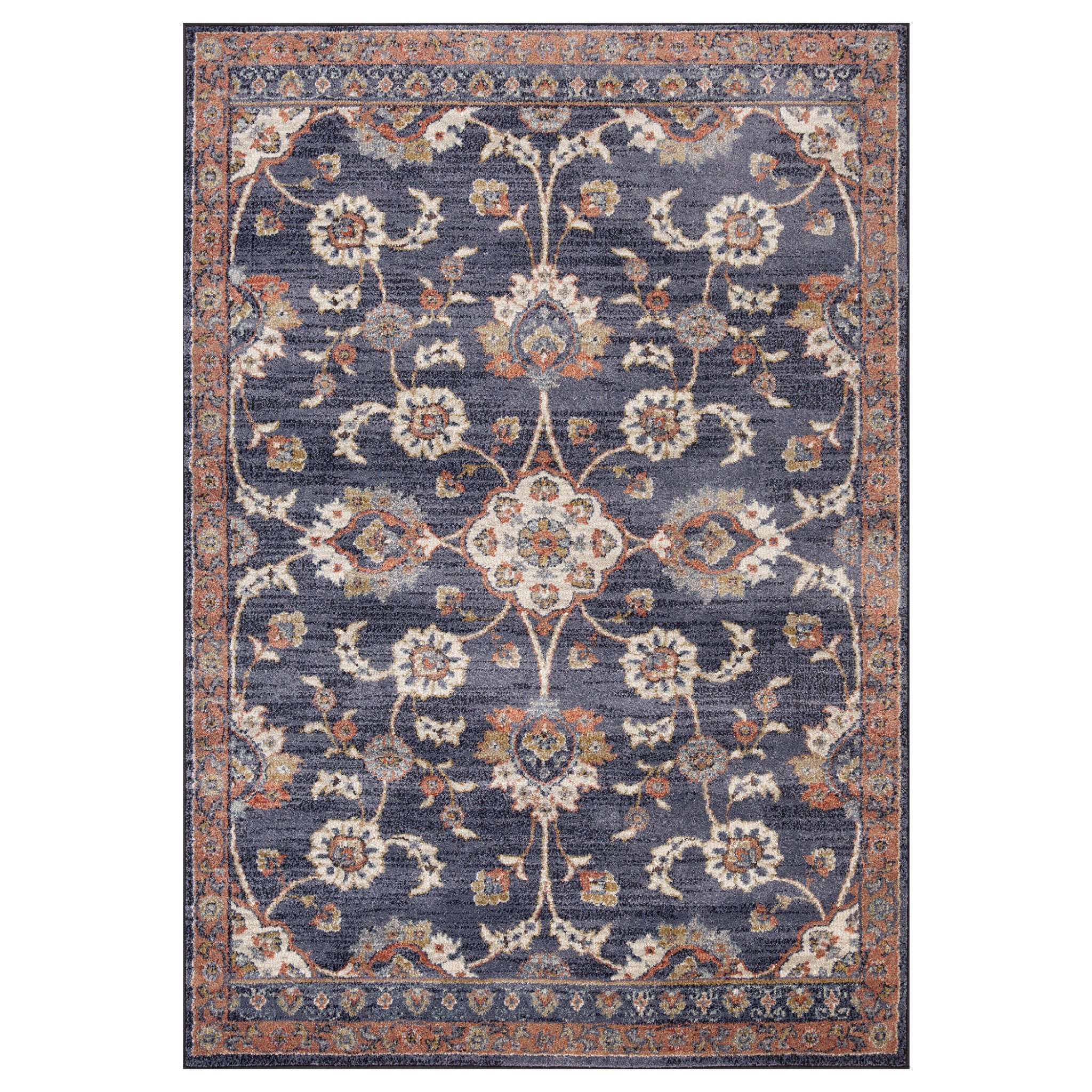 HomeRoots 532157 8 x 10 ft. Navy Blue Floral Traditional Power Loomed Rectangle Area Rug with Fringe