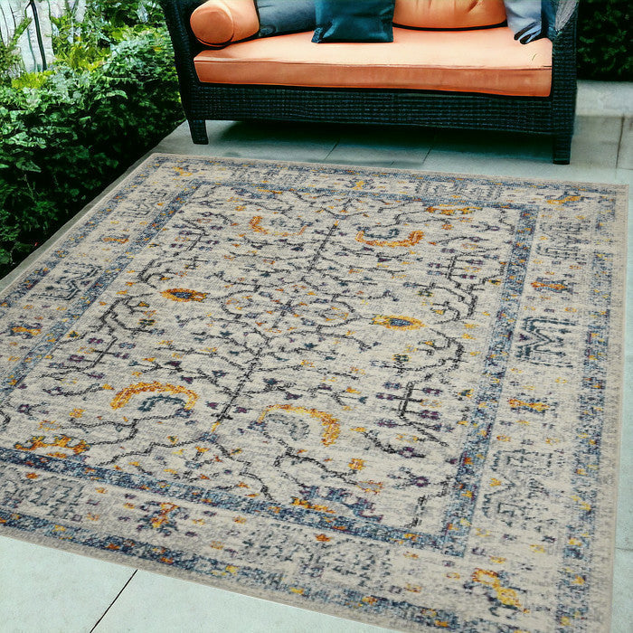 5' X 7' Yellow And Ivory Southwestern Stain Resistant Indoor Outdoor Area Rug
