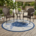 5 Navy Blue And Light Blue Round Sea Turtle Indoor Outdoor Area Rug