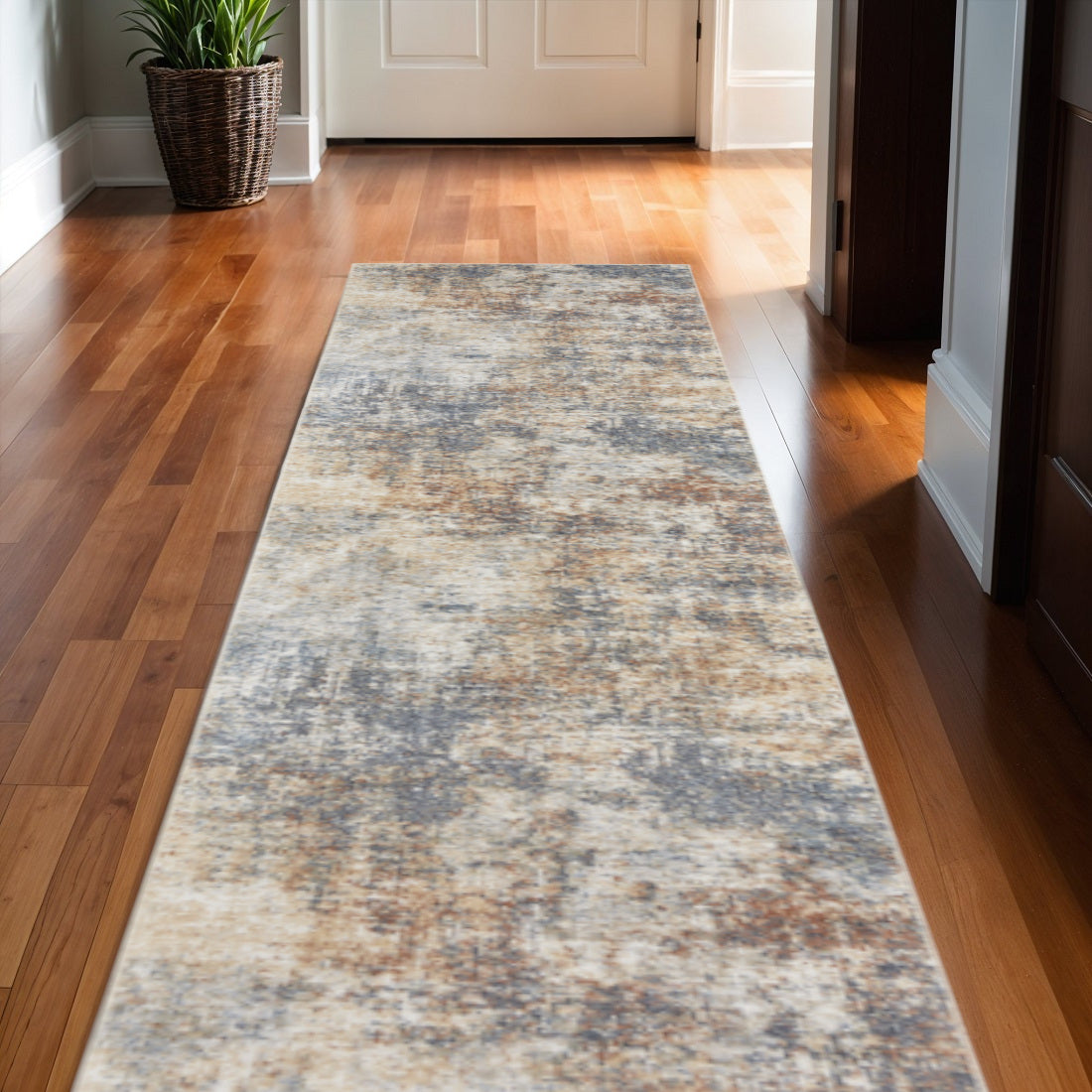 12 Ivory Blue And Brown Abstract Distressed Runner Rug