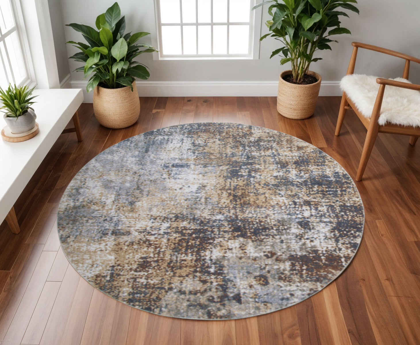 8 Tan Ivory And Black Abstract Distressed Washable Round Rug