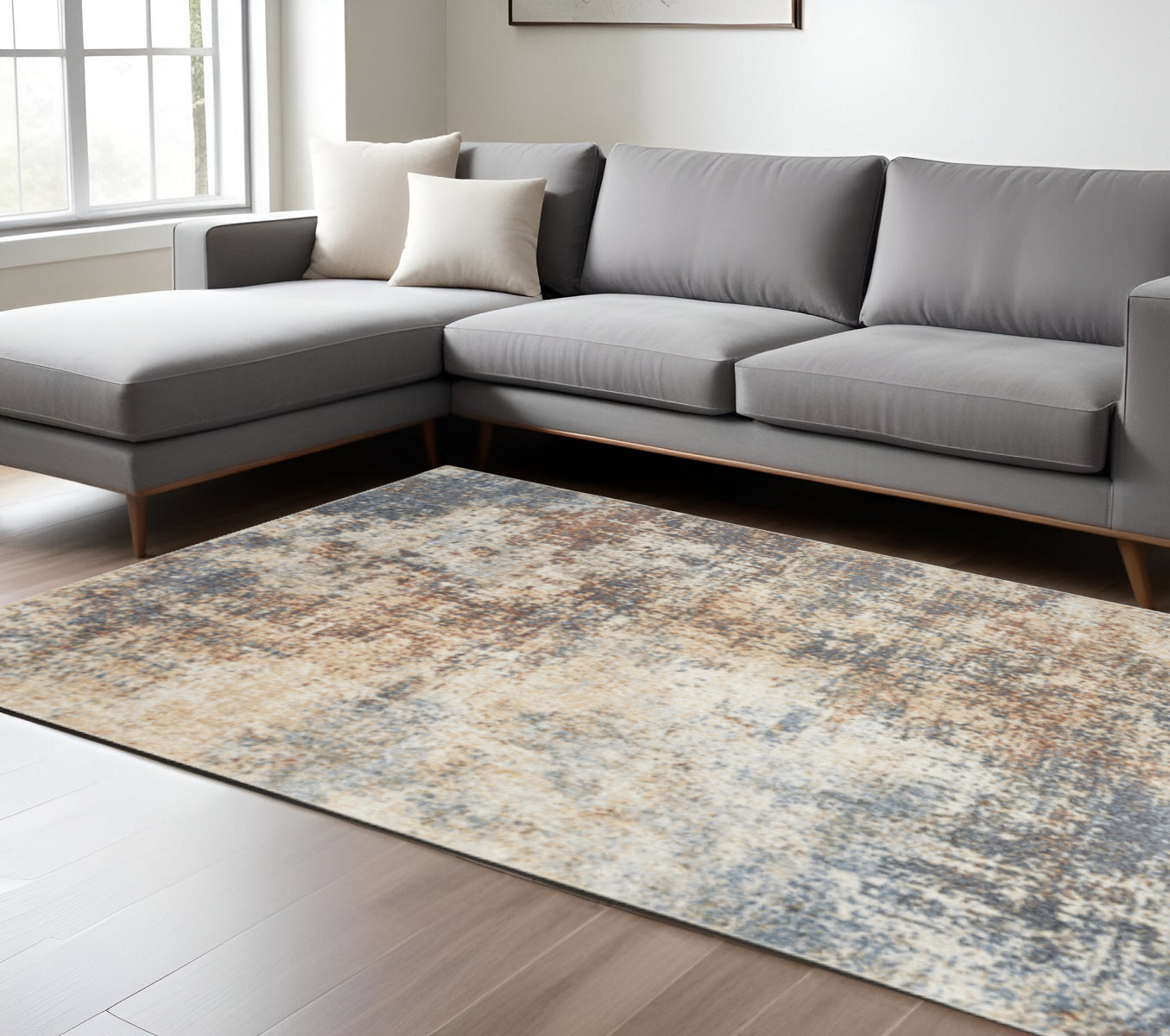 9 X 12 Blue And Ivory Abstract Distressed Washable Area Rug