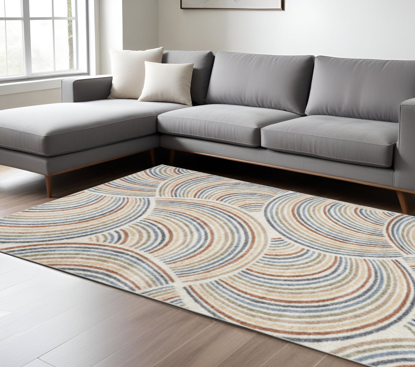 9 X 12 Ivory Blue And Brown Geometric Washable Area Rug
