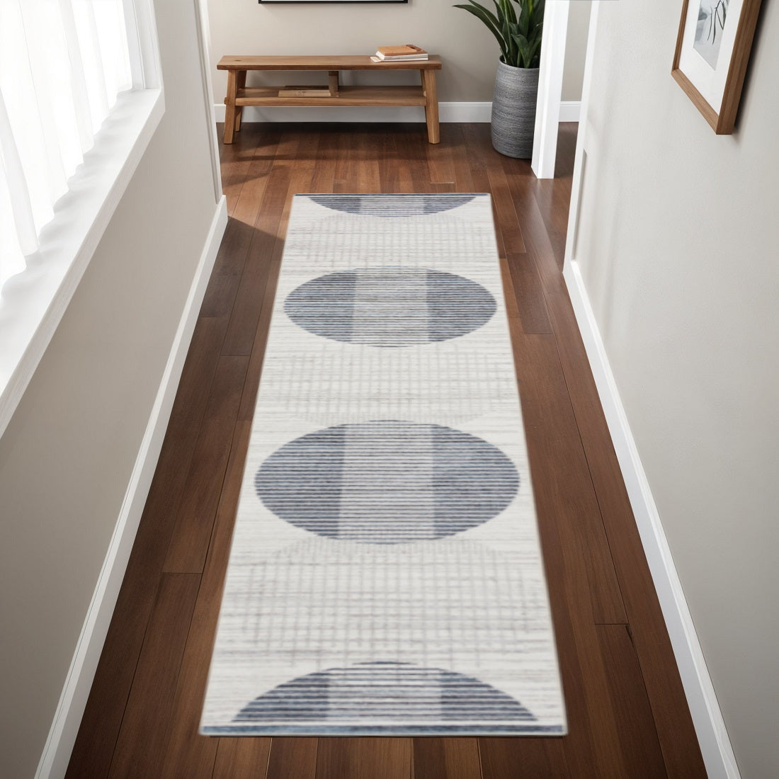 8 Ivory And Blue Geometric Washable Runner Rug