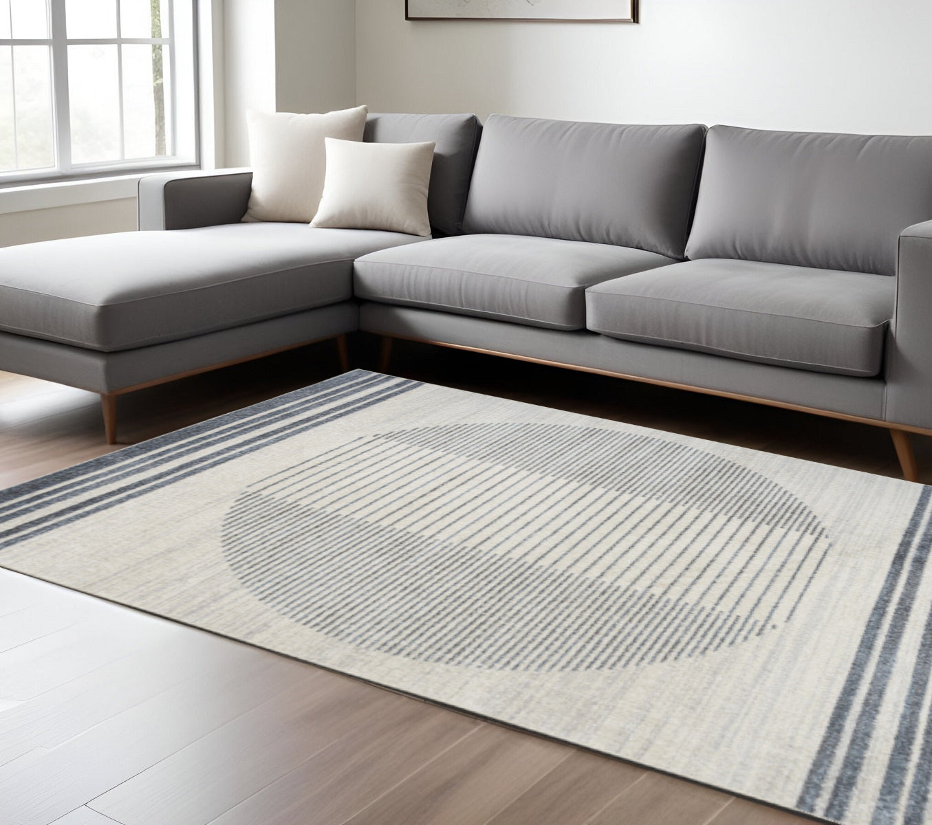9 X 12 Blue And Ivory Geometric Washable Area Rug