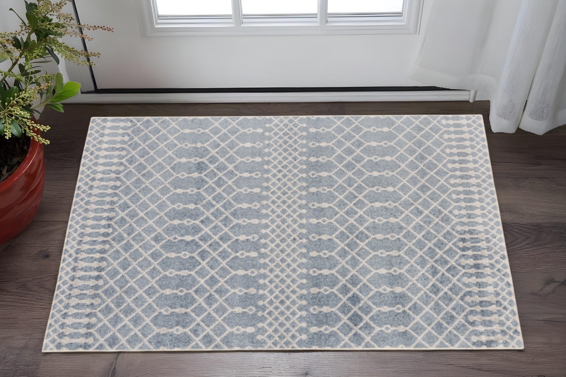 3 X 5 Blue And Ivory Moroccan Washable Area Rug
