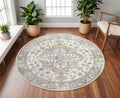 8 Gray Ivory And Blue Floral Medallion Distressed Washable Round Rug