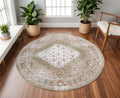 8 Sage And Ivory Floral Medallion Distressed Washable Round Rug