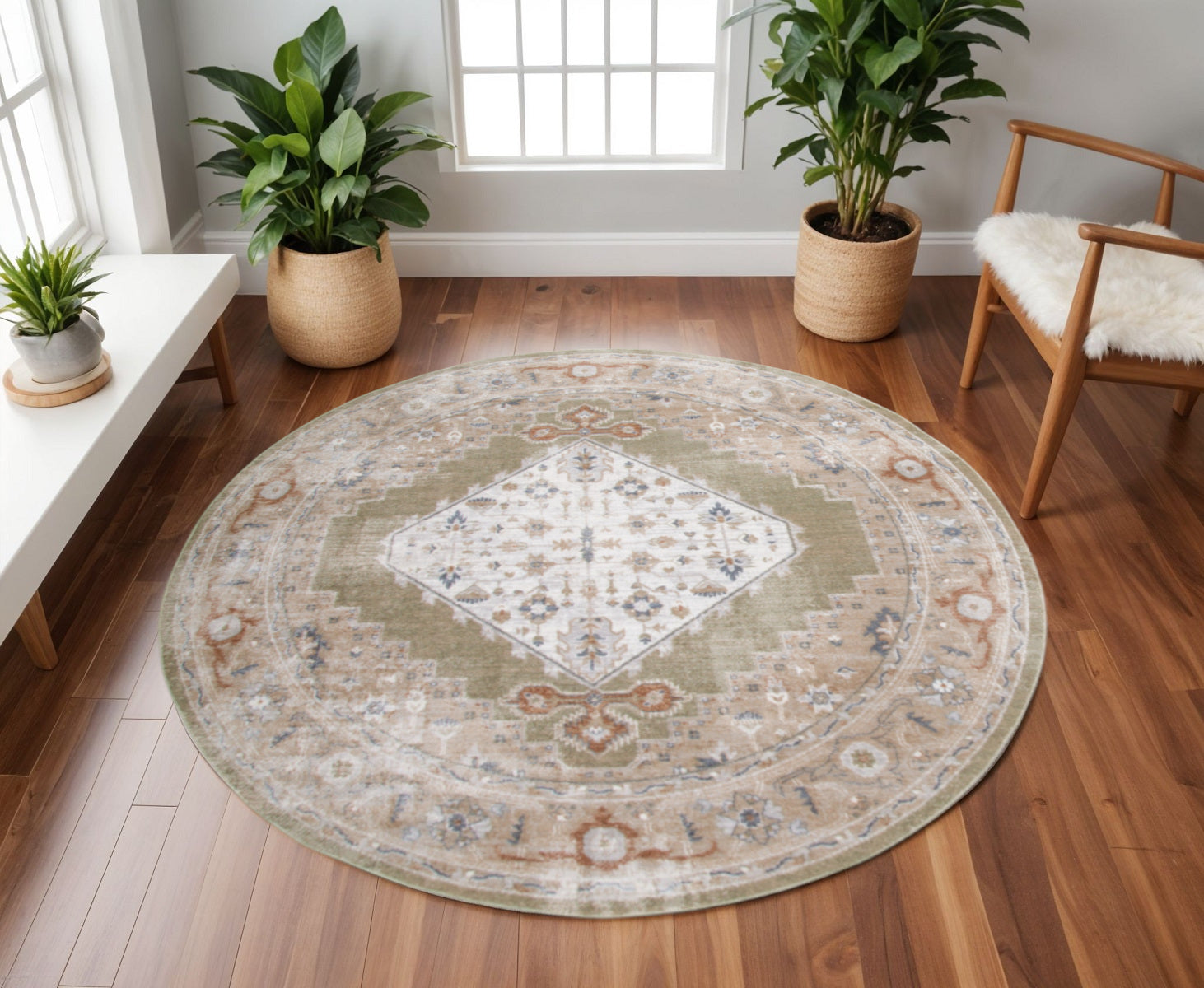 8 Sage And Ivory Floral Medallion Distressed Washable Round Rug