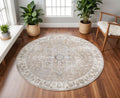 8 Beige Tan And Blue Floral Medallion Distressed Washable Round Rug